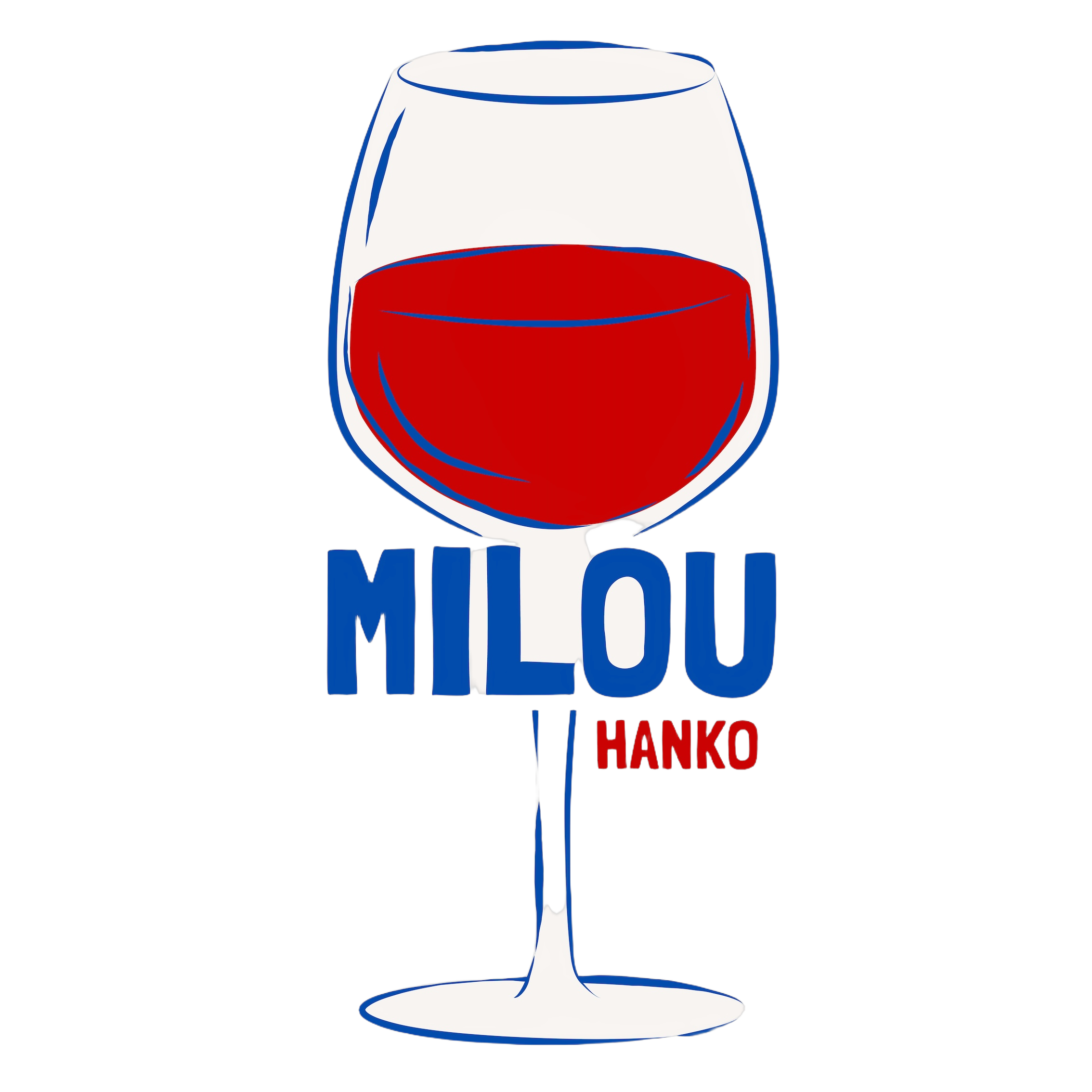 Remove the background from this logo image, making it fully transparent. Keep all the blue and red colours of the wine glass illustration and MILOU HANKO text intact.